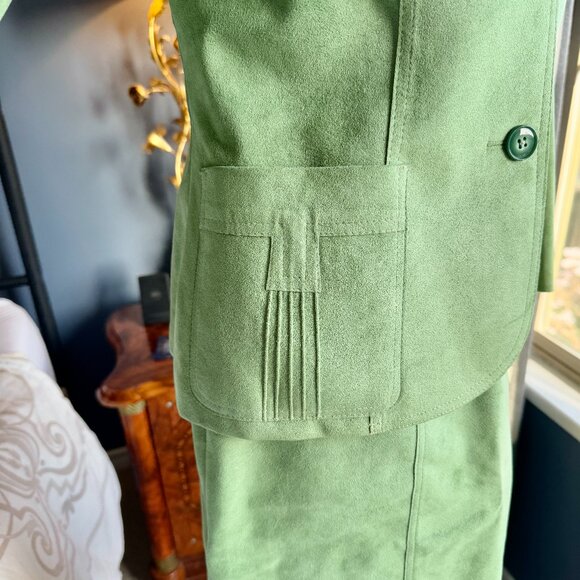 Vintage Custom Made Lime Green Suede Skirt Suit Set - Picture 6 of 16